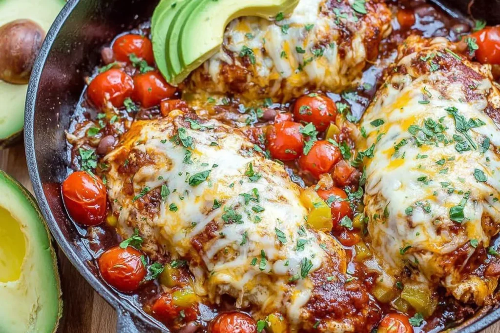 Monterey Chicken Skillet with cheesy BBQ-seasoned chicken in rich tomato sauce, topped with cherry tomatoes, avocado slices, and fresh herbs.