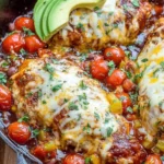 Monterey Chicken Skillet with cheesy BBQ-seasoned chicken in rich tomato sauce, topped with cherry tomatoes, avocado slices, and fresh herbs.