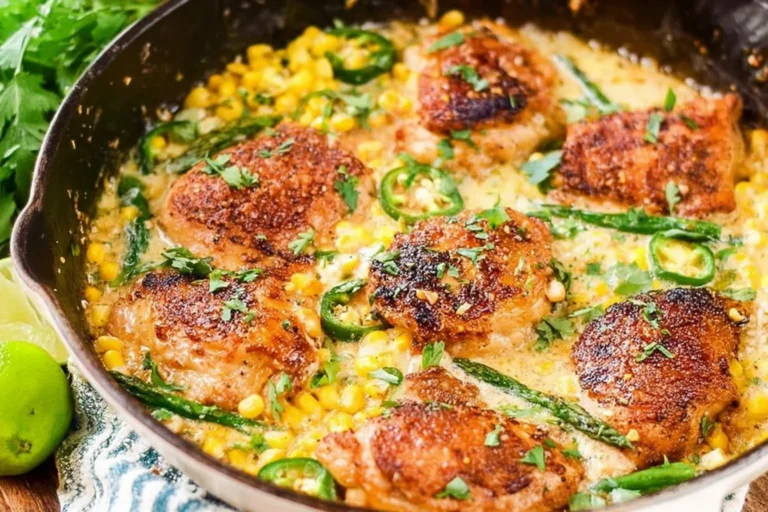 One Pan Cheesy Jalapeño Chicken in a skillet with golden seared chicken, melted cheese sauce, sweet corn, jalapeño slices, and cilantro.