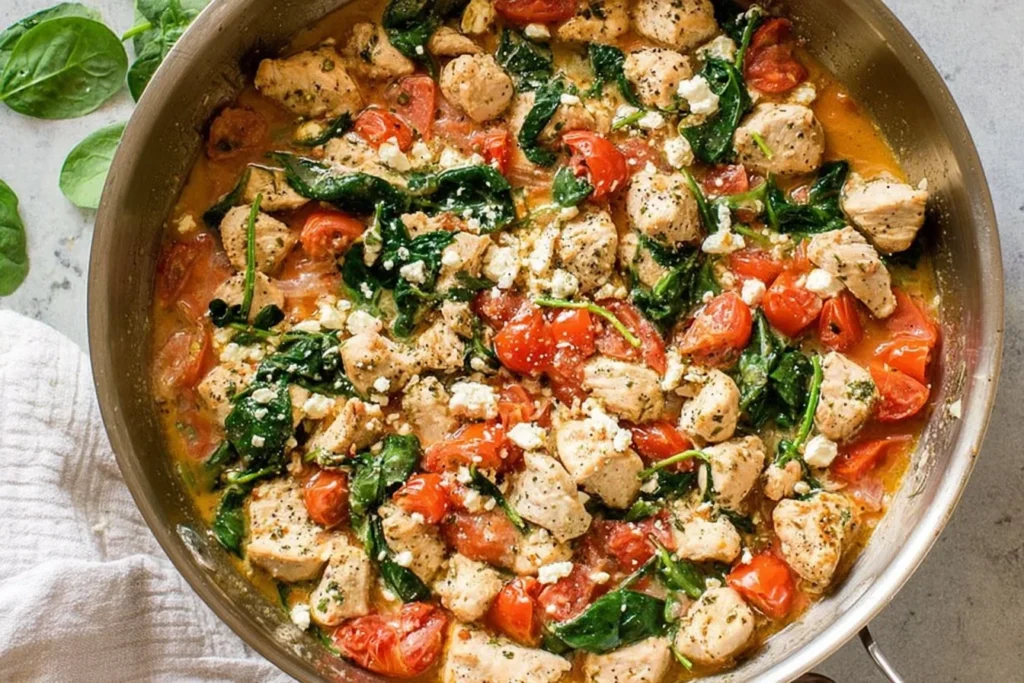 Chicken Feta Spinach Pasta sauce in a skillet with bite-size chicken, wilted spinach, burst tomatoes, and crumbled feta in a lemony broth.