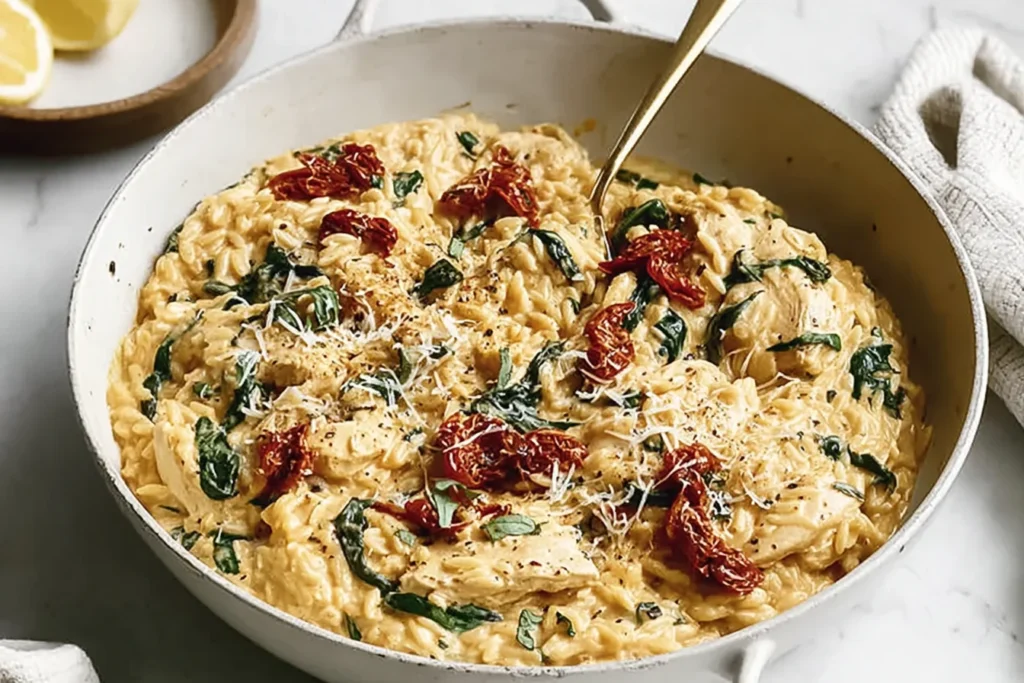One-pan Marry Me Chicken Orzo in a skillet with creamy parmesan sauce, spinach, sun-dried tomatoes, and tender chicken.