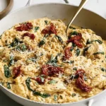 One-pan Marry Me Chicken Orzo in a skillet with creamy parmesan sauce, spinach, sun-dried tomatoes, and tender chicken.