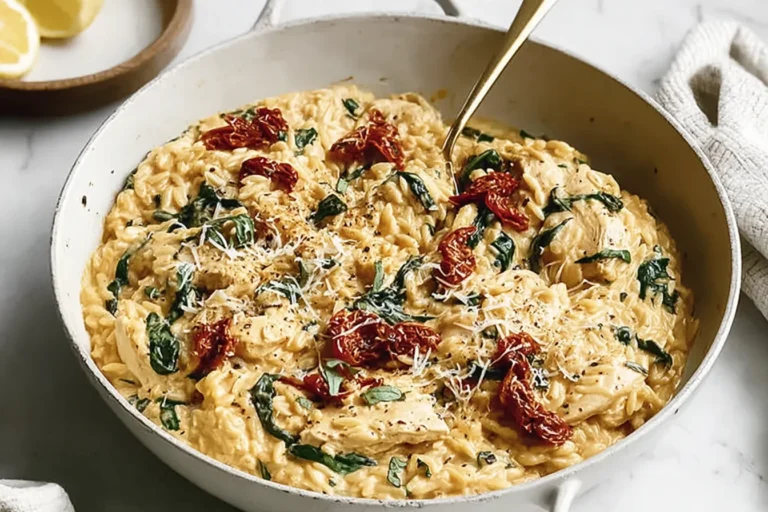 One-pan Marry Me Chicken Orzo in a skillet with creamy parmesan sauce, spinach, sun-dried tomatoes, and tender chicken.