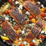 Mediterranean Salmon in a cast-iron skillet with lemony rice, cherry tomatoes, kalamata olives, feta crumbles, and fresh herbs