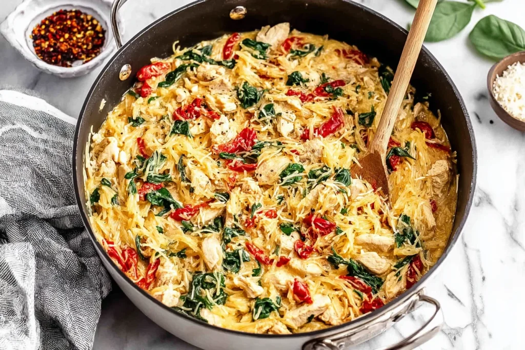 Skillet Tuscan Chicken and Spaghetti Squash with spinach, sun-dried tomatoes, and creamy garlic Parmesan sauce, ready to serve.
