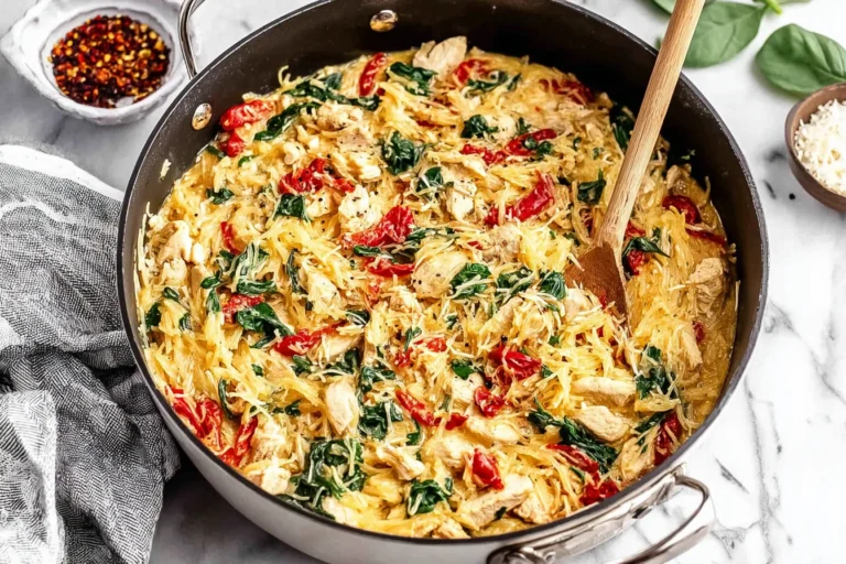 Skillet Tuscan Chicken and Spaghetti Squash with spinach, sun-dried tomatoes, and creamy garlic Parmesan sauce, ready to serve.