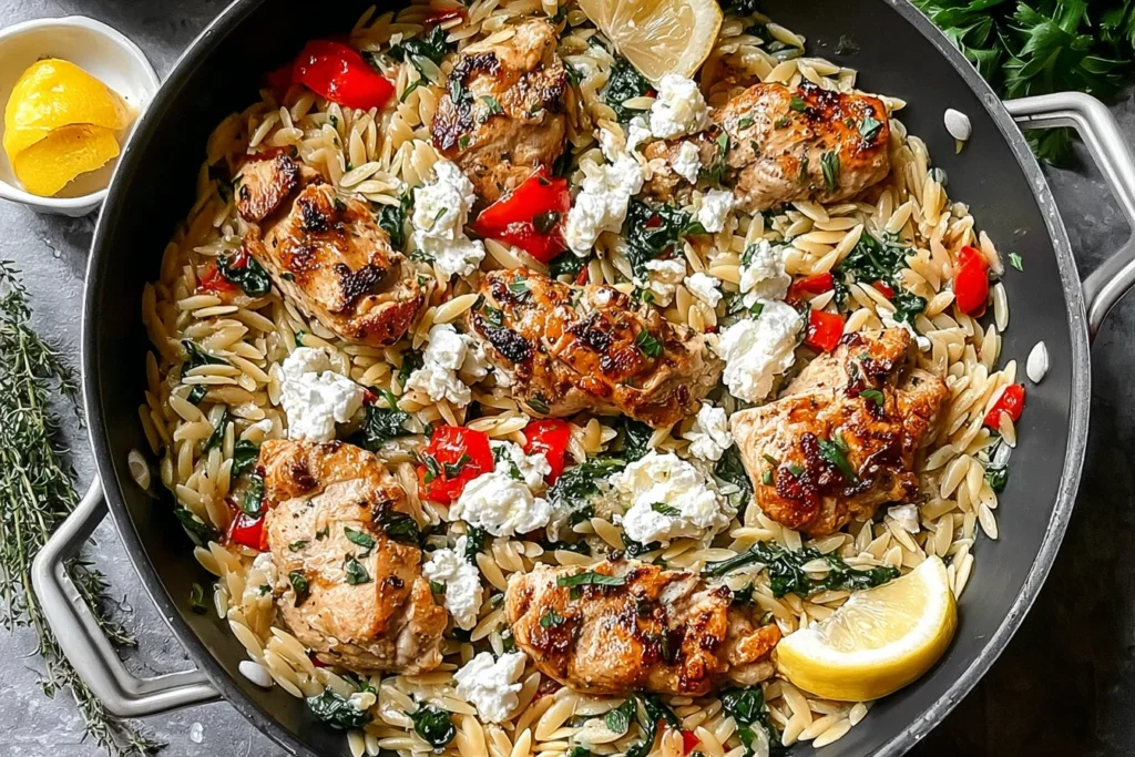 Lemon-Feta Chicken and Orzo in a skillet with seared chicken, creamy feta crumbles, spinach, red peppers, and fresh lemon wedges.