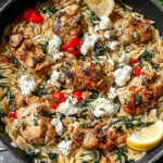 Lemon-Feta Chicken and Orzo in a skillet with seared chicken, creamy feta crumbles, spinach, red peppers, and fresh lemon wedges.