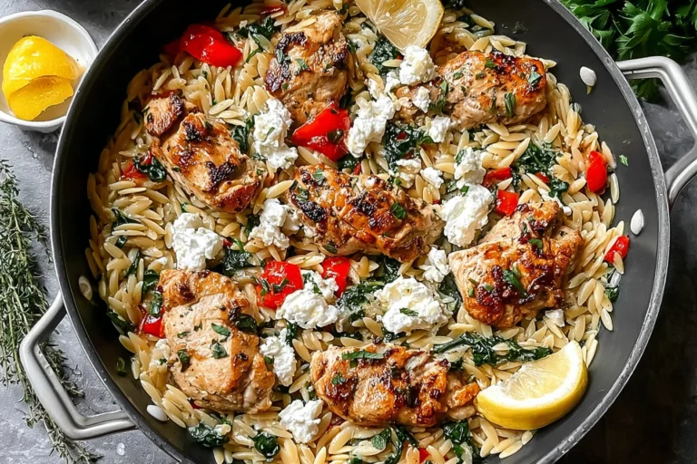 Lemon-Feta Chicken and Orzo in a skillet with seared chicken, creamy feta crumbles, spinach, red peppers, and fresh lemon wedges.