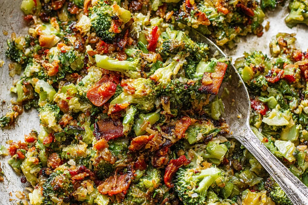 Close-up of Pan-Fried Garlic Bacon Broccoli with crispy bacon bits, sautéed broccoli florets, onions, and garlicky butter in a skillet.