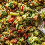 Close-up of Pan-Fried Garlic Bacon Broccoli with crispy bacon bits, sautéed broccoli florets, onions, and garlicky butter in a skillet.