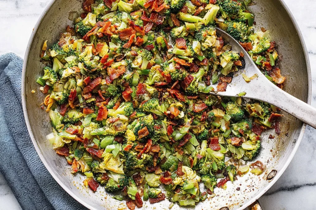 Pan-Fried Garlic Bacon Broccoli in a skillet with crispy bacon, sautéed broccoli, onions, and garlic butter.