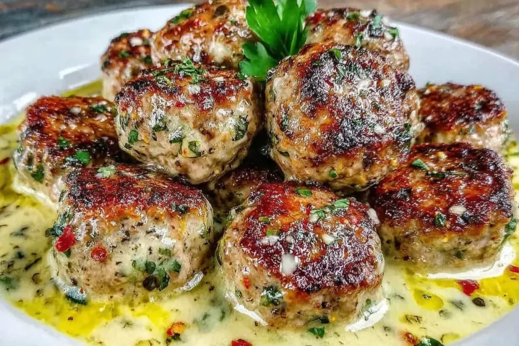 Flavorful Greek Meatballs in Lemon Sauce on a white plate, with golden-browned meatballs, fresh herbs, and a creamy lemon-oregano pan sauce.
