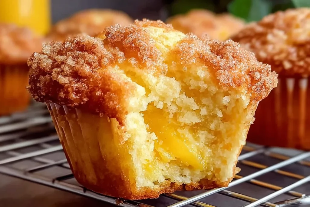 Homemade Peach Cobbler Muffins cooling on a wire rack, showing a tender crumb and juicy peach center with a cinnamon-brown sugar topping.
