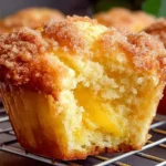 Homemade Peach Cobbler Muffins cooling on a wire rack, showing a tender crumb and juicy peach center with a cinnamon-brown sugar topping.