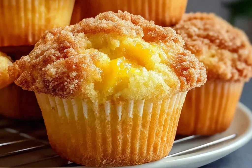 Homemade Peach Cobbler Muffins with juicy peach filling and a cinnamon-brown sugar crumb topping, fresh from the oven.
