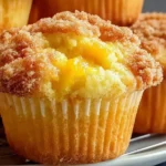 Homemade Peach Cobbler Muffins with juicy peach filling and a cinnamon-brown sugar crumb topping, fresh from the oven.