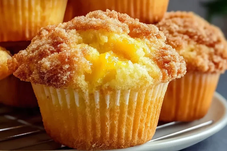 Homemade Peach Cobbler Muffins with juicy peach filling and a cinnamon-brown sugar crumb topping, fresh from the oven.