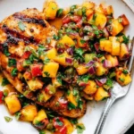 Peach Salsa Chicken on a plate—grilled glazed chicken breast topped with fresh peach salsa, cilantro, red onion, and peppers.