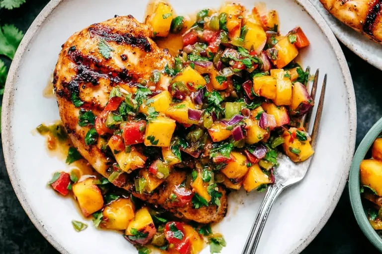 Peach Salsa Chicken on a plate—grilled glazed chicken breast topped with fresh peach salsa, cilantro, red onion, and peppers.