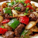 Pepper Steak with Bell Peppers and Onion in a glossy stir-fry sauce, with tender beef, red and green peppers, and sautéed onions topped with green onions.
