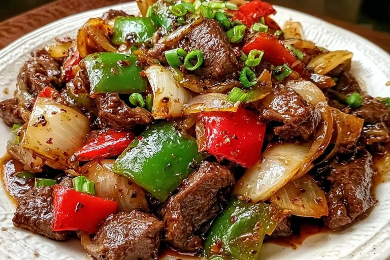 Pepper Steak with Bell Peppers and Onion in a glossy stir-fry sauce, with tender beef, red and green peppers, and sautéed onions topped with green onions.