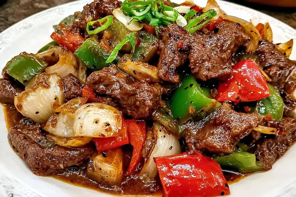 Pepper Steak with Bell Peppers and Onion served in a rich, glossy sauce with tender beef pieces, red and green bell peppers, and sautéed onions, topped with sliced green onions.