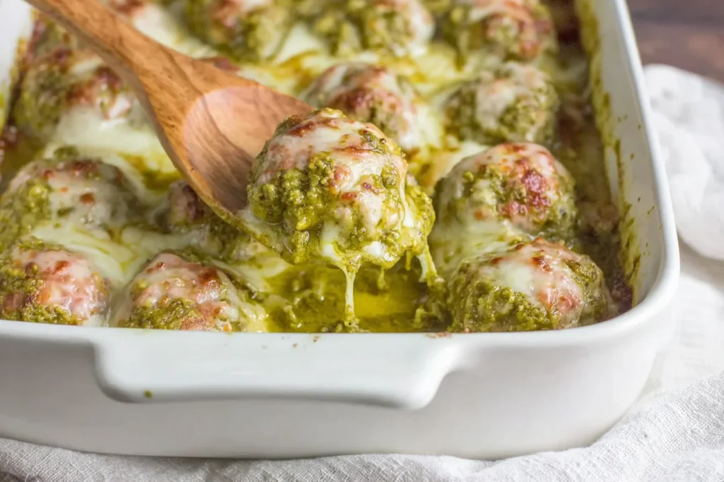 Close-up of Pesto Baked Turkey Meatballs on a wooden spoon, covered in basil pesto with stretchy melted mozzarella in a baking dish.