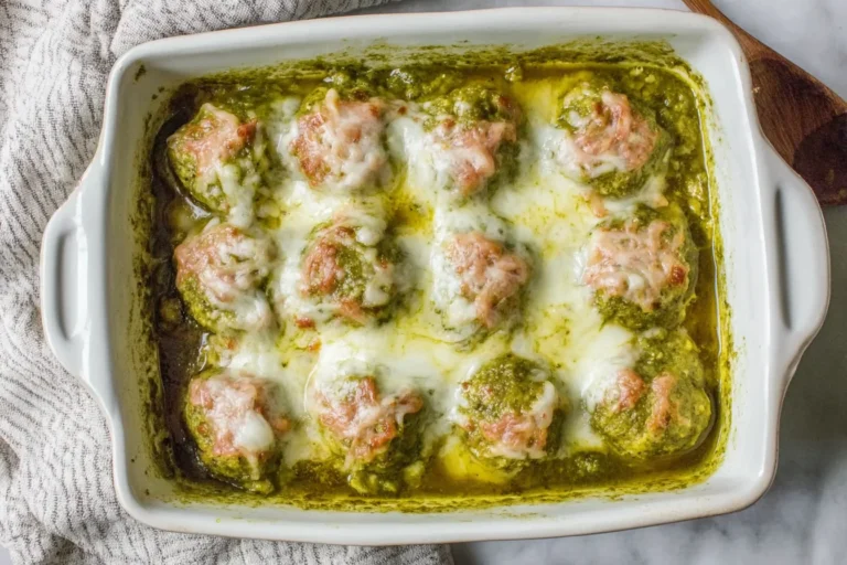 Pesto Baked Turkey Meatballs in a white baking dish, coated in basil pesto and topped with melted mozzarella cheese.
