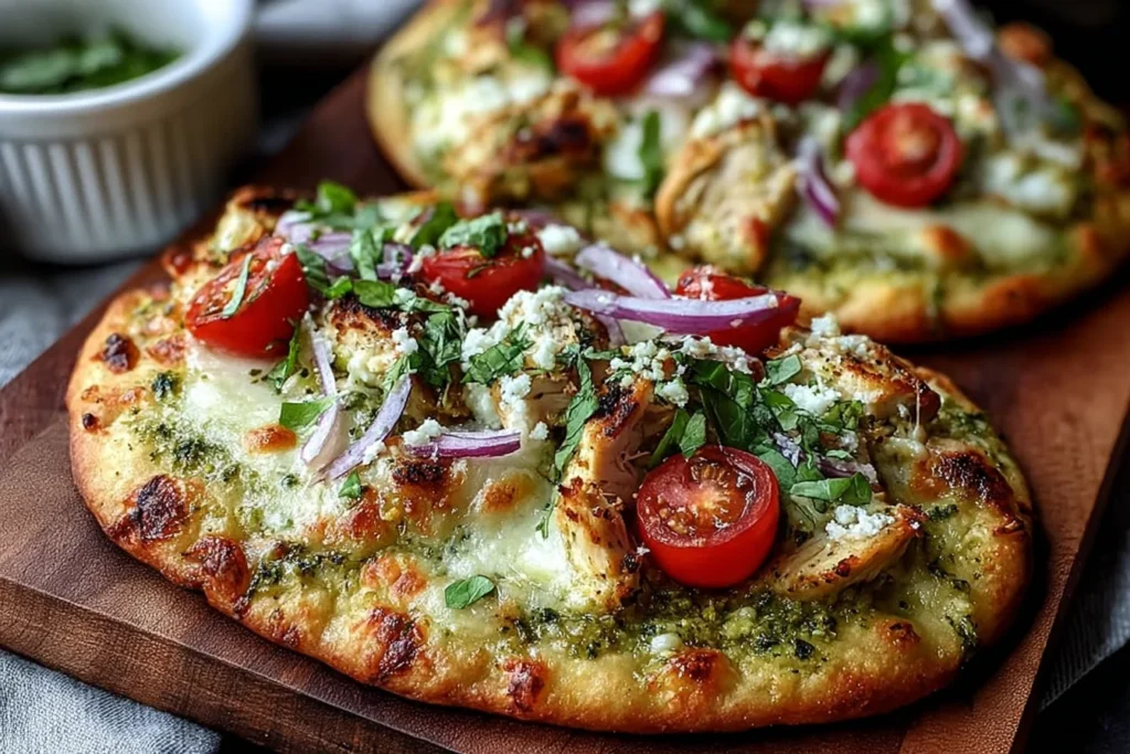Pesto Chicken Flatbread with Mozzarella topped with juicy cherry tomatoes, red onion, and fresh basil on a crispy naan-style crust.