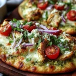 Pesto Chicken Flatbread with Mozzarella topped with juicy cherry tomatoes, red onion, and fresh basil on a crispy naan-style crust.