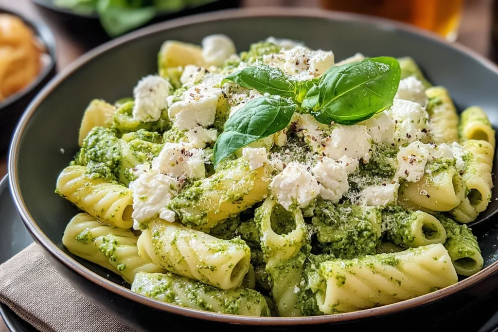 Pesto Goat Cheese Pasta with rigatoni coated in basil pesto, topped with crumbled goat cheese, cracked black pepper, and fresh basil.