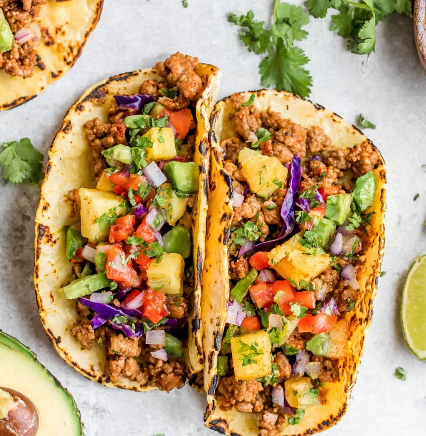 Pineapple Turkey Tacos in toasted shells with seasoned ground turkey, juicy pineapple, red cabbage, cilantro, and lime.