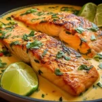 Poached Salmon in Coconut Lime Sauce in a skillet-style bowl, topped with fresh cilantro and served with lime wedges in a creamy coconut-lime sauce.