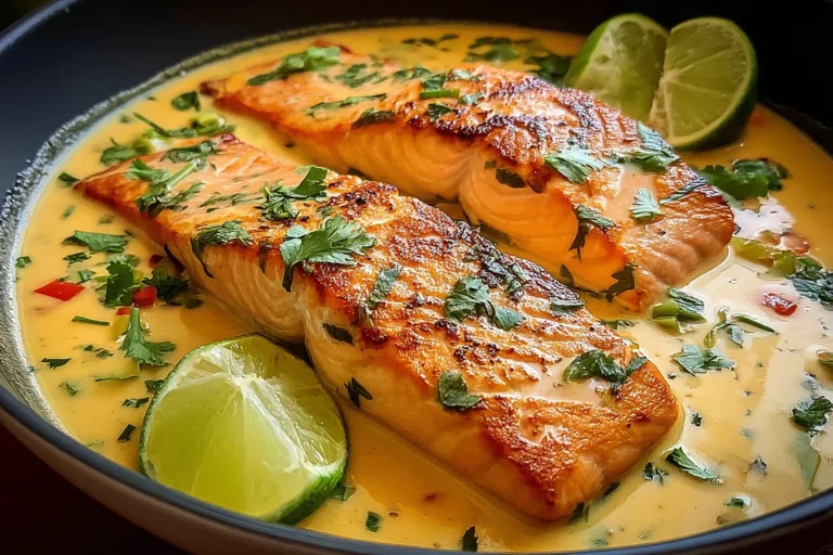 Poached Salmon in Coconut Lime Sauce in a skillet-style bowl, topped with fresh cilantro and served with lime wedges in a creamy coconut-lime sauce.