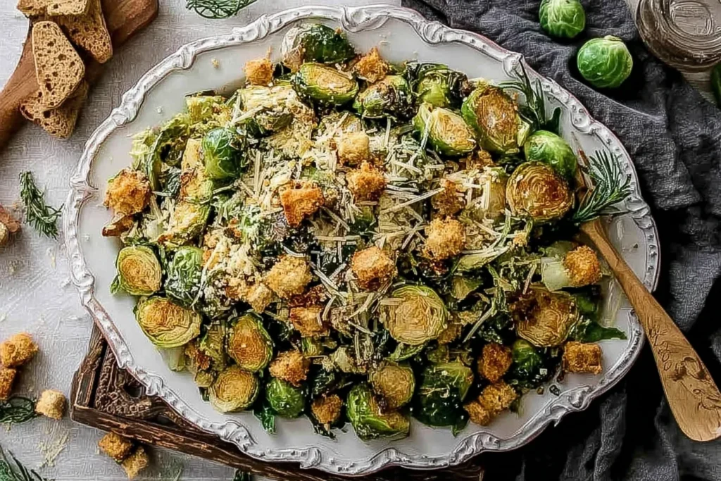 Roasted Brussels Sprouts Caesar Salad served in a scalloped white dish, topped with crunchy croutons and shaved Parmesan.