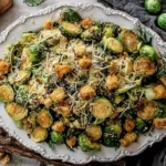 Roasted Brussels Sprouts Caesar Salad served in a scalloped white dish, topped with crunchy croutons and shaved Parmesan.