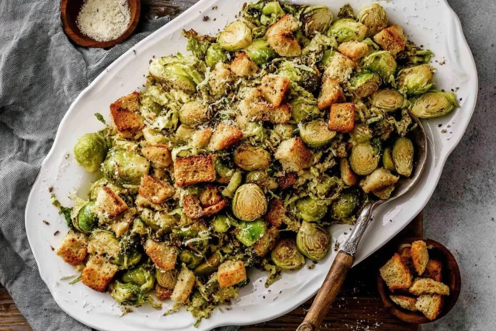 Roasted Brussels Sprouts Caesar Salad in a white baking dish with crispy croutons, shaved Parmesan, and creamy Caesar-style coating.