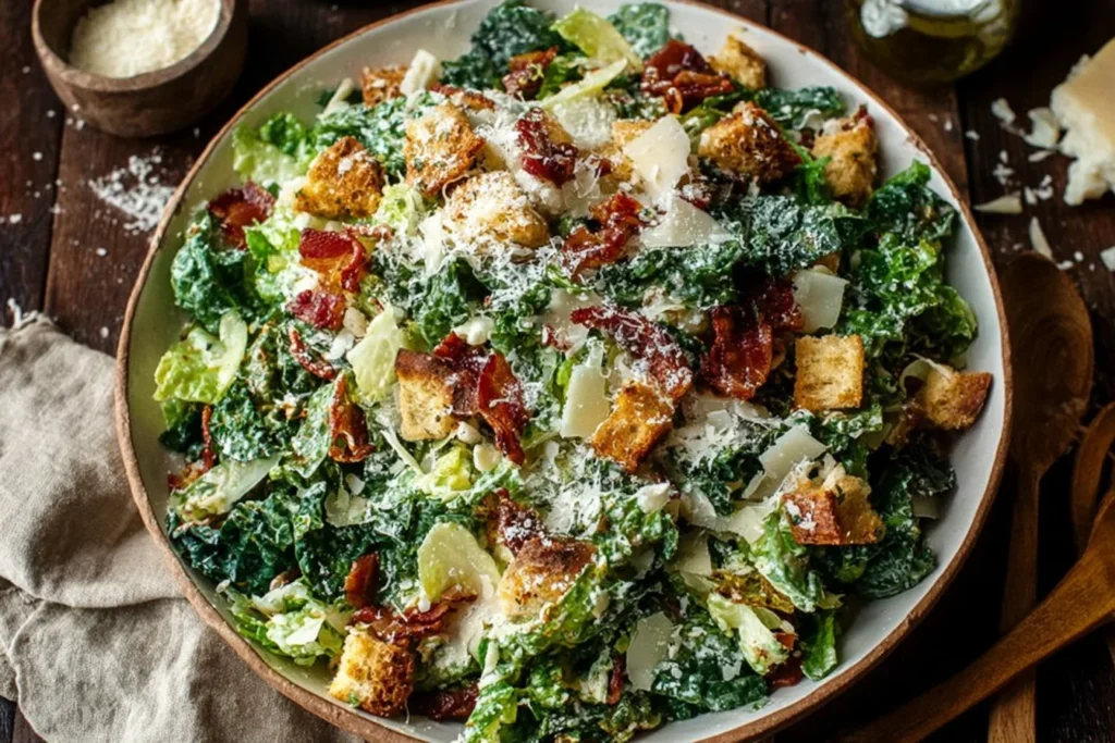 Roasted Garlic & Kale Caesar Salad tossed in creamy Caesar dressing with crispy bacon, crunchy croutons, and shaved Parmesan in a serving bowl.