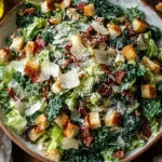Roasted Garlic & Kale Caesar Salad in a bowl with crispy bacon, golden croutons, and shaved Parmesan on top.