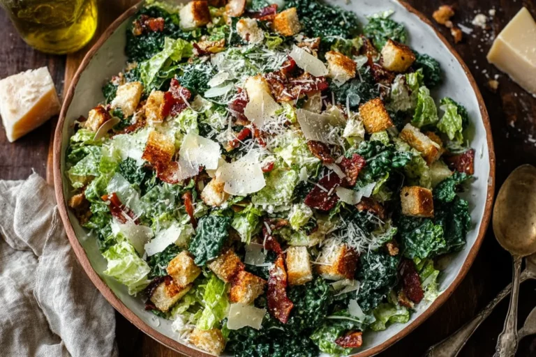 Roasted Garlic & Kale Caesar Salad in a bowl with crispy bacon, golden croutons, and shaved Parmesan on top.