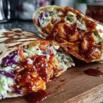 BBQ Chicken Wraps cut in half on a wooden board with shredded BBQ chicken and crunchy cabbage-carrot slaw, drizzled with extra sauce.
