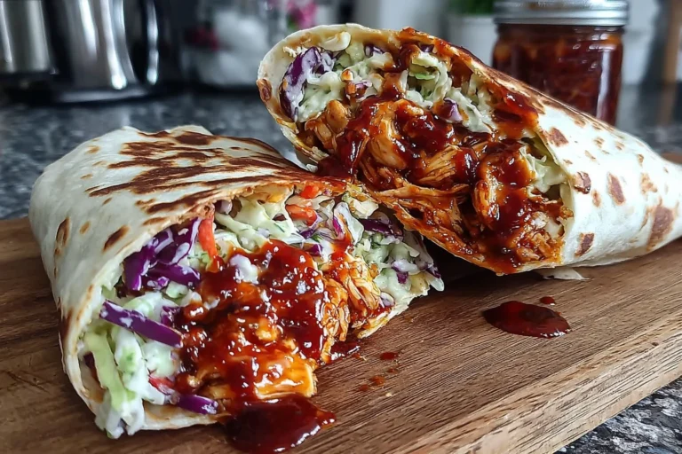 BBQ Chicken Wraps cut in half on a wooden board with shredded BBQ chicken and crunchy cabbage-carrot slaw, drizzled with extra sauce.