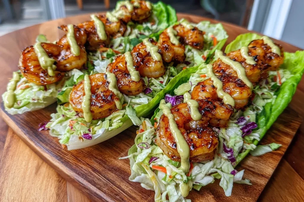 Sheet Pan Chili-Lime Shrimp Lettuce Wraps piled with crunchy cabbage slaw and drizzled with creamy avocado sriracha crema on a wooden serving board.