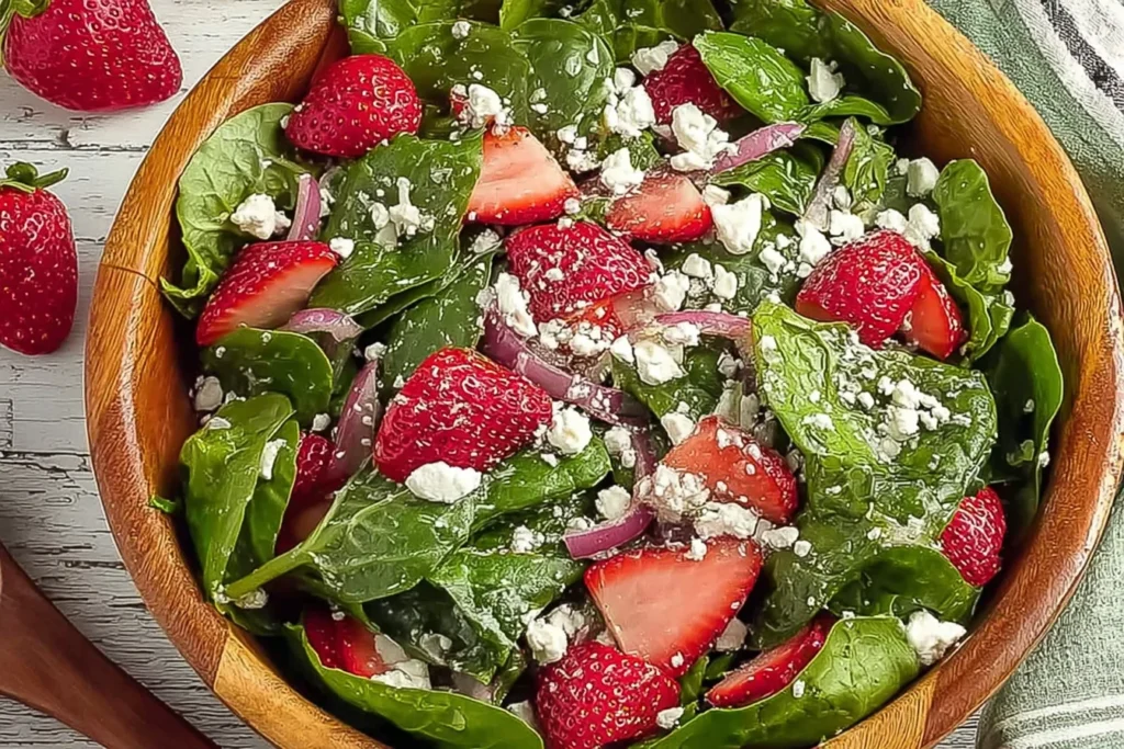 Simple Strawberry Romaine Feta Salad with spinach and romaine, juicy strawberries, crumbled feta, and thinly sliced red onion in a wooden bowl.