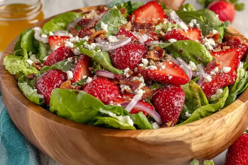 Simple Strawberry Romaine Feta Salad with fresh strawberries, spinach, romaine, crumbled feta, sliced red onion, and toasted almonds in a wooden bowl.