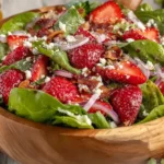 Simple Strawberry Romaine Feta Salad with fresh strawberries, spinach, romaine, crumbled feta, sliced red onion, and toasted almonds in a wooden bowl.