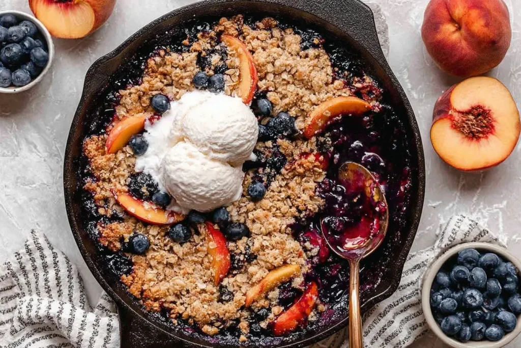 Blueberry Peach Crumble baked in a cast iron skillet with juicy peaches and blueberries, topped with cinnamon oat crumble and vanilla ice cream.