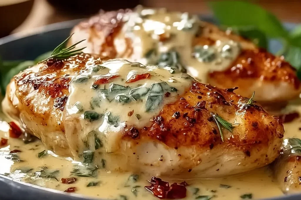 Chicken with Boursin Sauce with Garlic and Herbs—golden pan-seared chicken breast smothered in creamy garlic herb sauce with flecks of herbs.