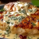 Chicken with Boursin Sauce with Garlic and Herbs—golden pan-seared chicken breast smothered in creamy garlic herb sauce with flecks of herbs.